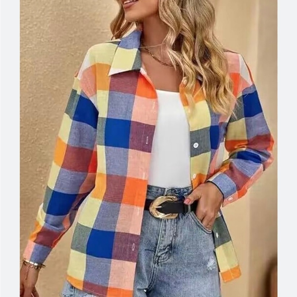 NWT Womens Colorful Plaid Flannel Button Down Blouse